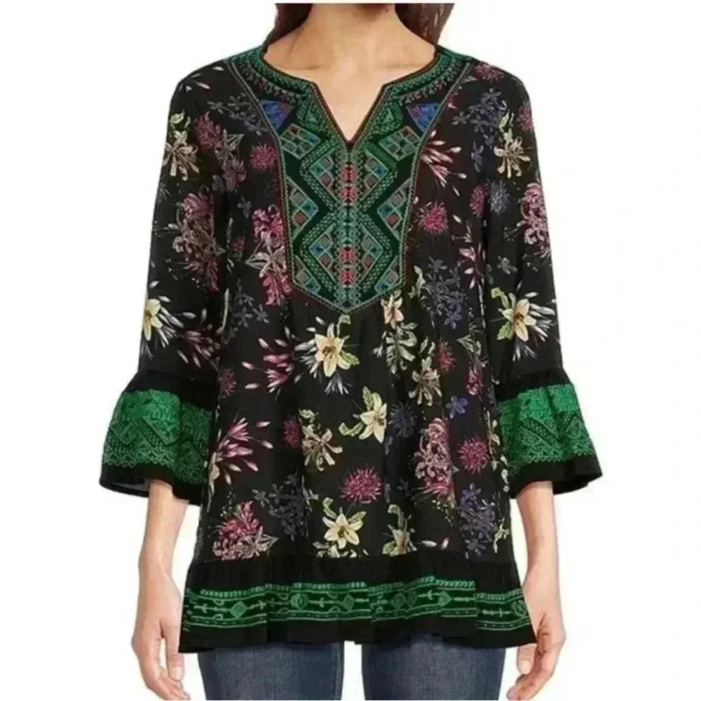Calessa Botanical Floral Print 3/4 Bell Sleeve Embroidered Tunic Shirt Size 3X